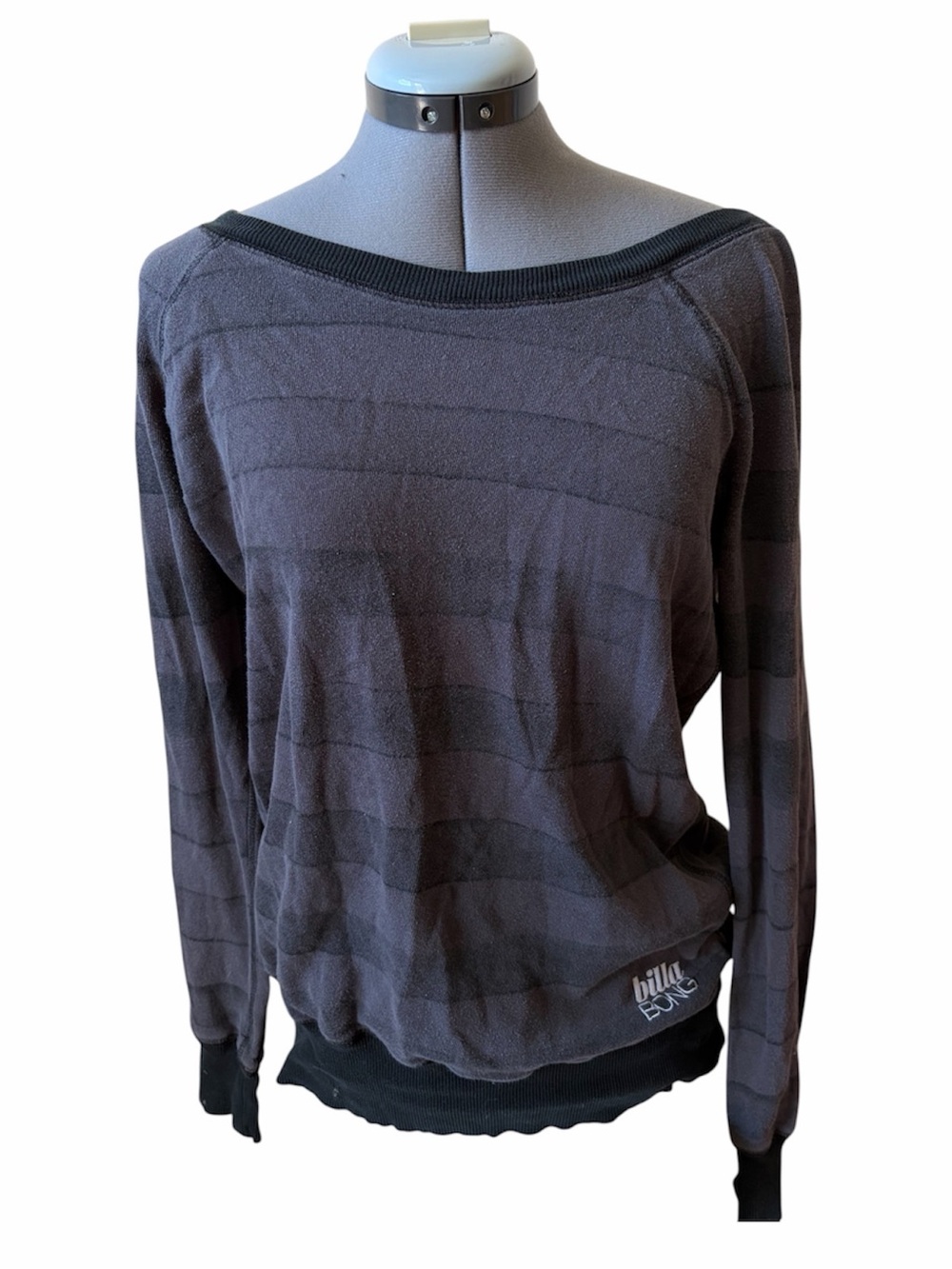Billabong Off Shoulder Long Sleeve Top Grey Black Striped Pullover Indie Y2K